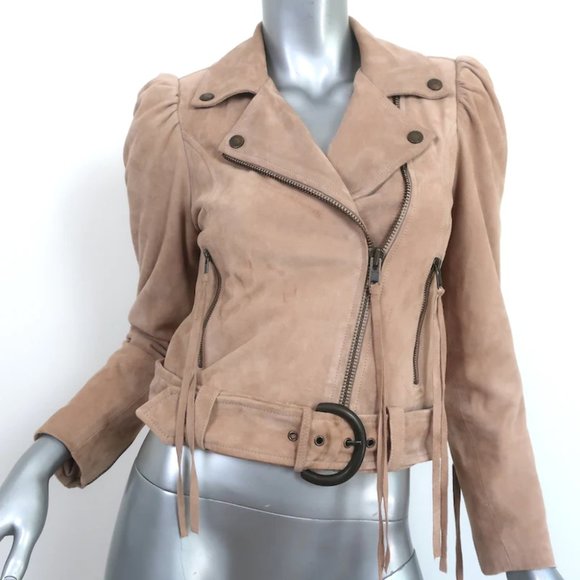 Retrofete Tai Puff Sleeve Moto Jacket Beige Suede Size Extra Small - Picture 1 of 11